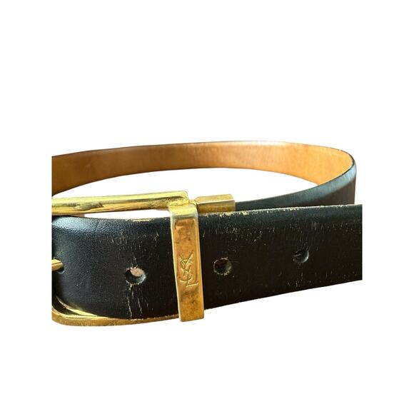 Vintage YSL Gold Belt Buckle Black Brown Belt Size S Brass - Picture 4 of 10